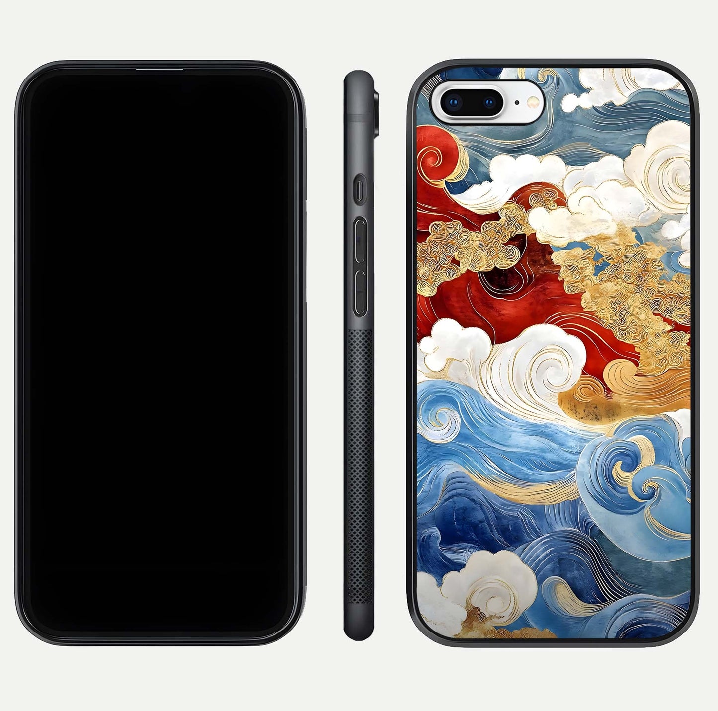 Colored Waves Glass Case for iPhone 8 Plus front & back layout showing smooth edges and vivid print tones