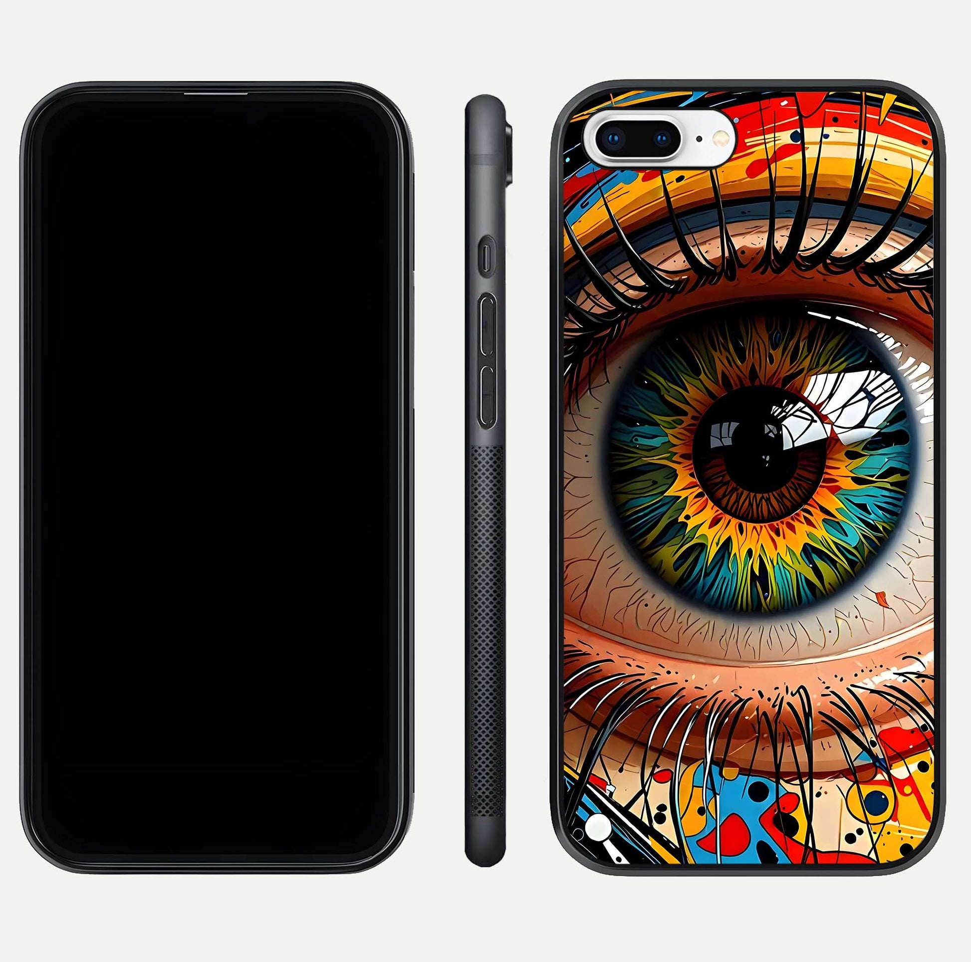 Colorful Eye Glass Case for iPhone 8 Plus dual-view layout displaying vivid tones and smooth glass edges