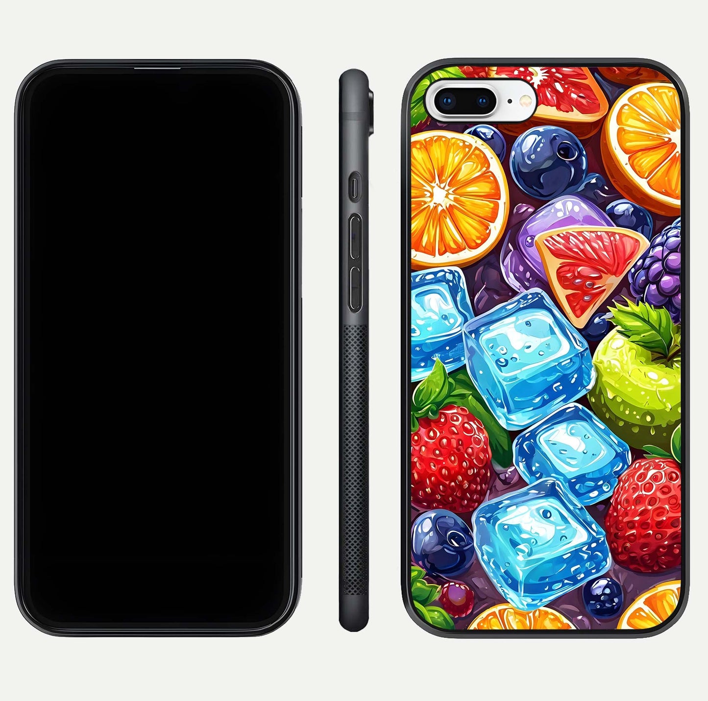 Colorful Fruits with Ice Glass Case for iPhone 8 Plus dual-view layout showing fresh tones and polished edges