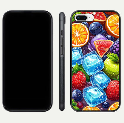 Colorful Fruits with Ice Glass Case for iPhone 8 Plus dual-view layout showing fresh tones and polished edges