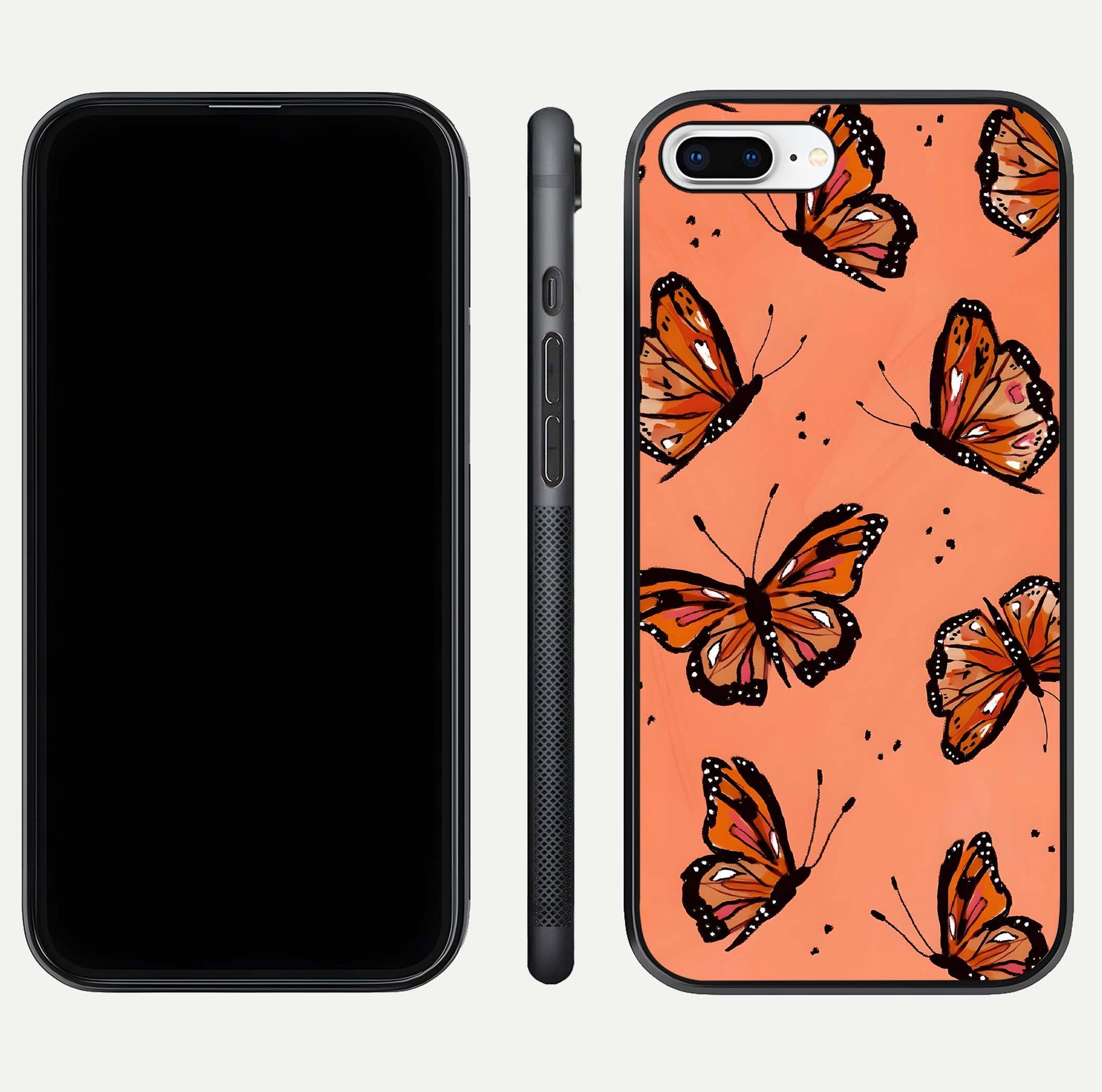 Coral Wing Butterfly Glass Case for iPhone 8 Plus dual-view layout displaying soft floral tones and curved edges