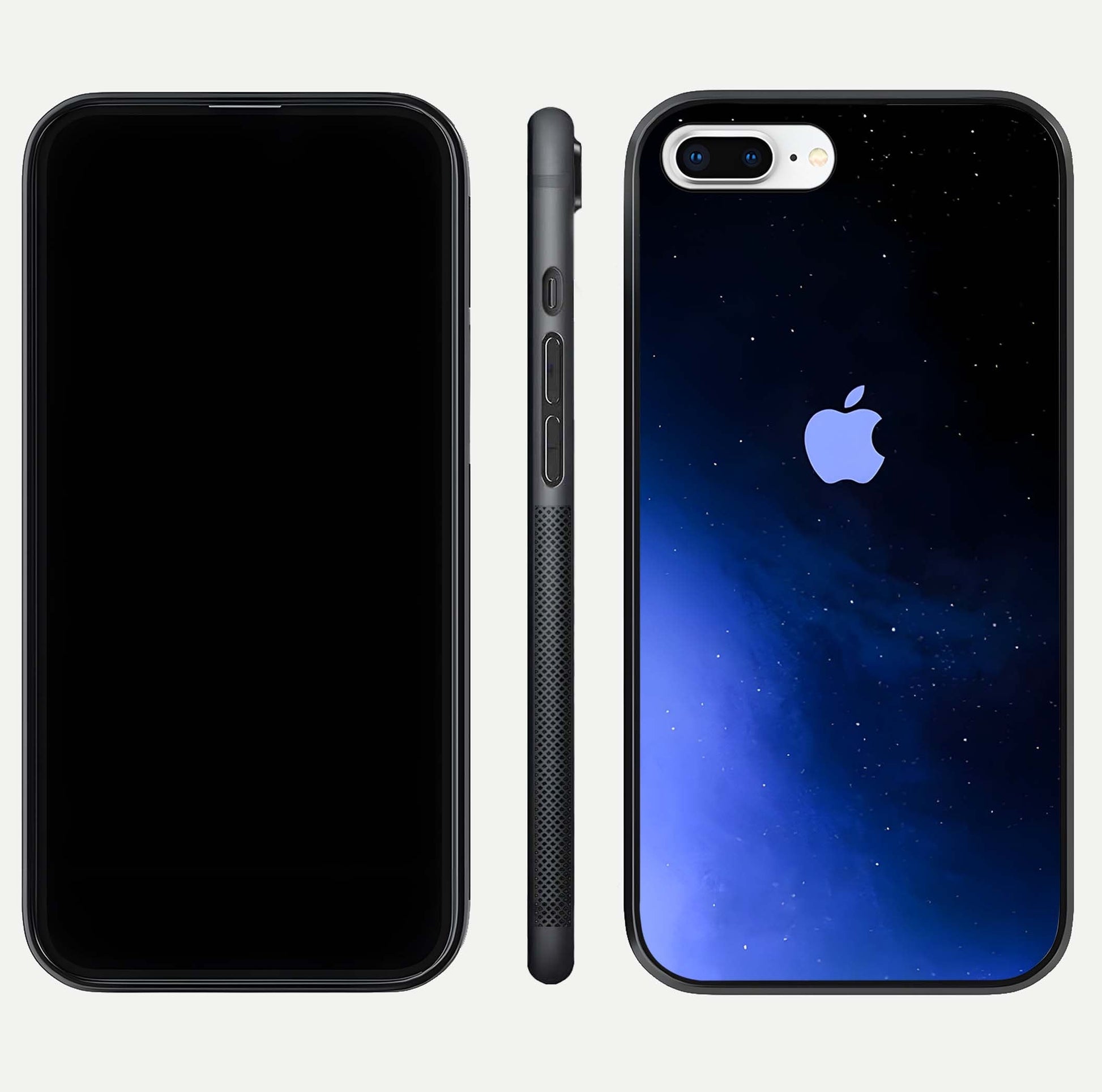 Cosmic Blue Apple Glass Case for iPhone 8 Plus dual-view layout displaying cosmic tones and glass edges