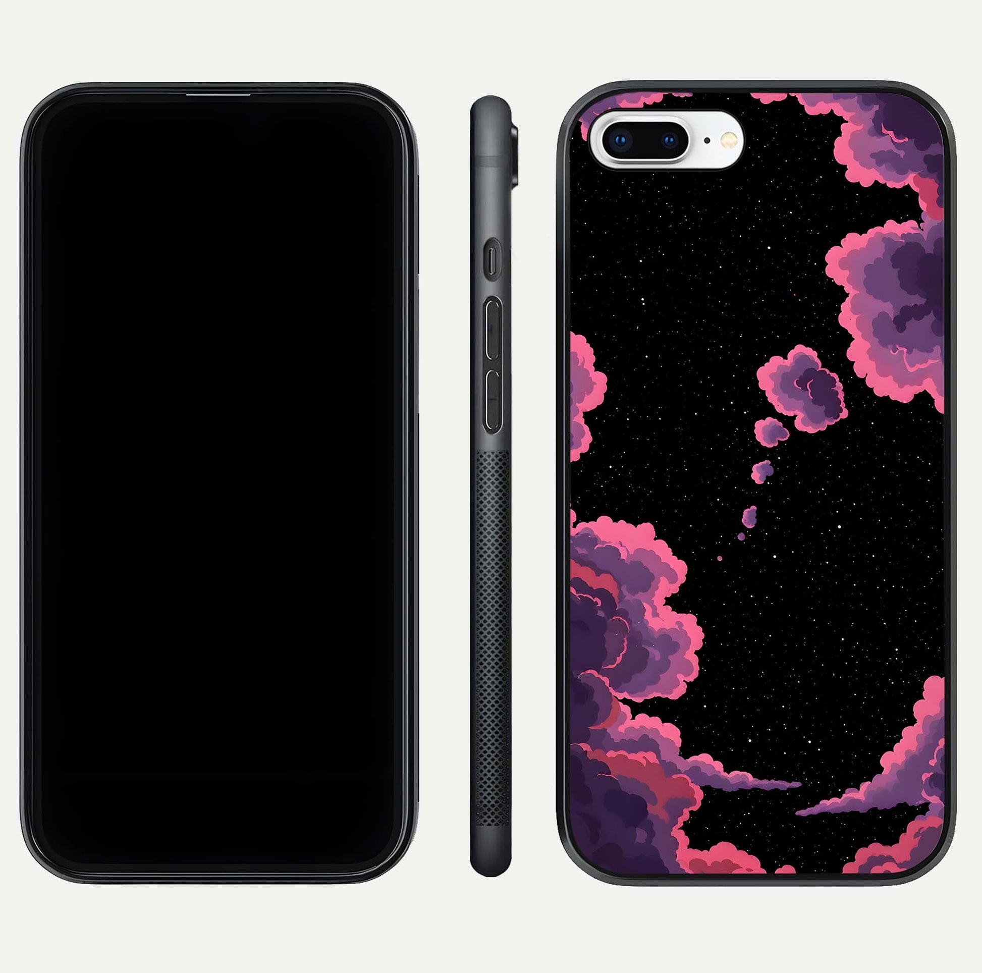 Cosmic Cloud Journey Glass Case for iPhone 8 Plus dual-view layout displaying celestial tones and edge clarity