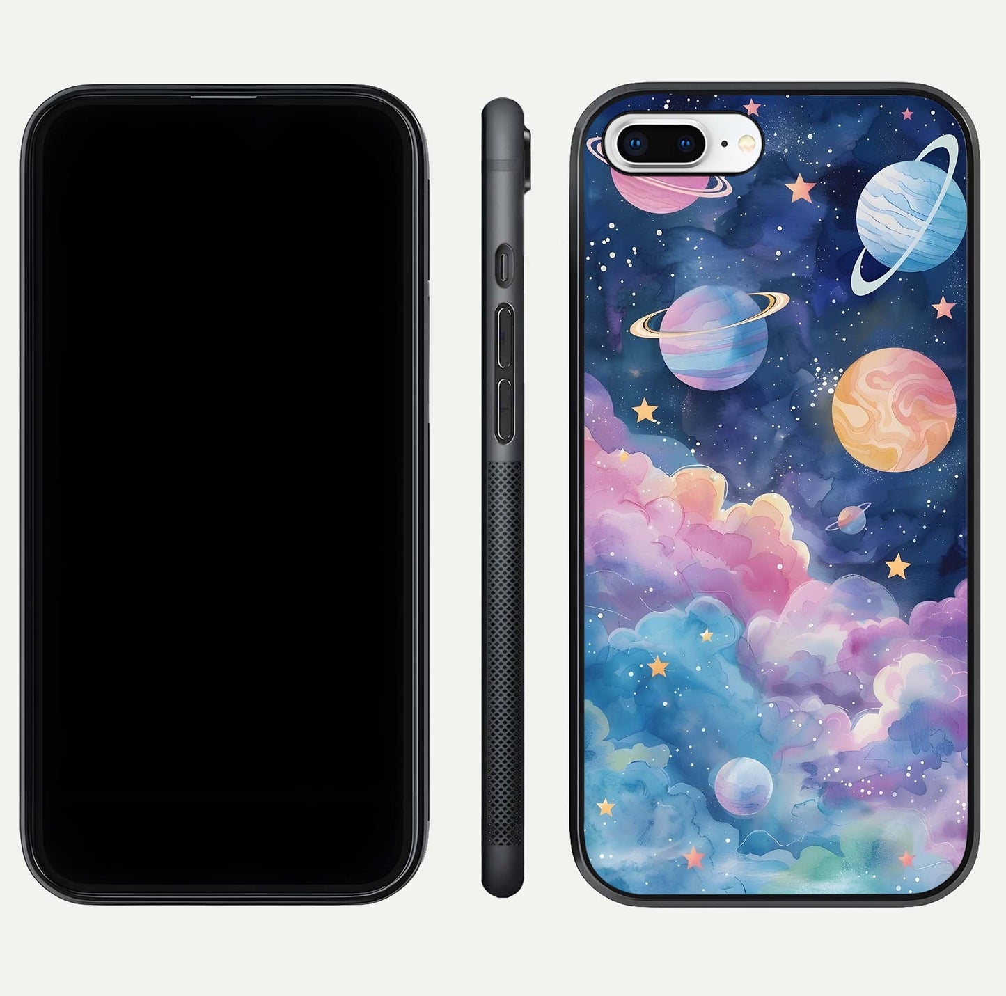 Cosmic Planet Dreams Glass Case for iPhone 8 Plus dual-view layout displaying galaxy colors and curved finish