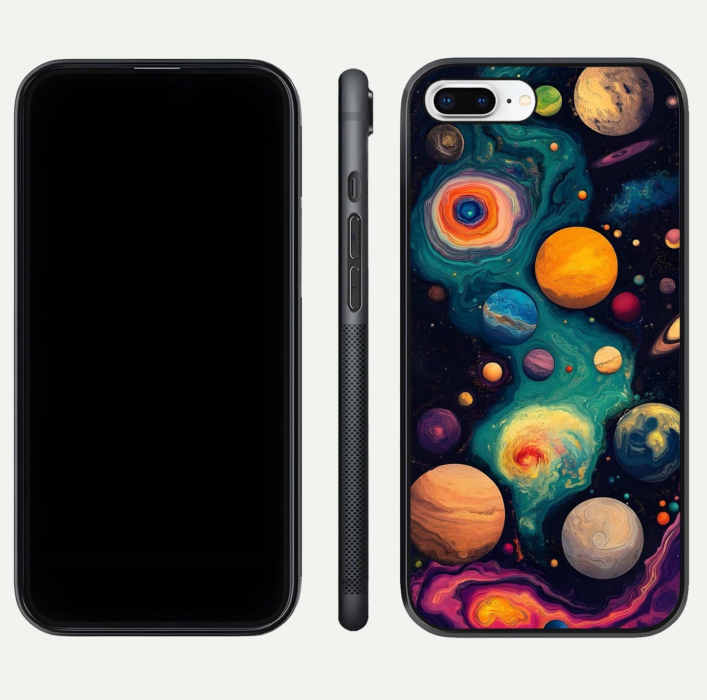 Cosmic Planet Journey Glass Case for iPhone 8 Plus dual-view layout displaying colorful cosmic balance