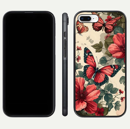 Crimson Butterfly Garden Glass Case for iPhone 8 Plus dual-view layout displaying floral patterns and edge finish