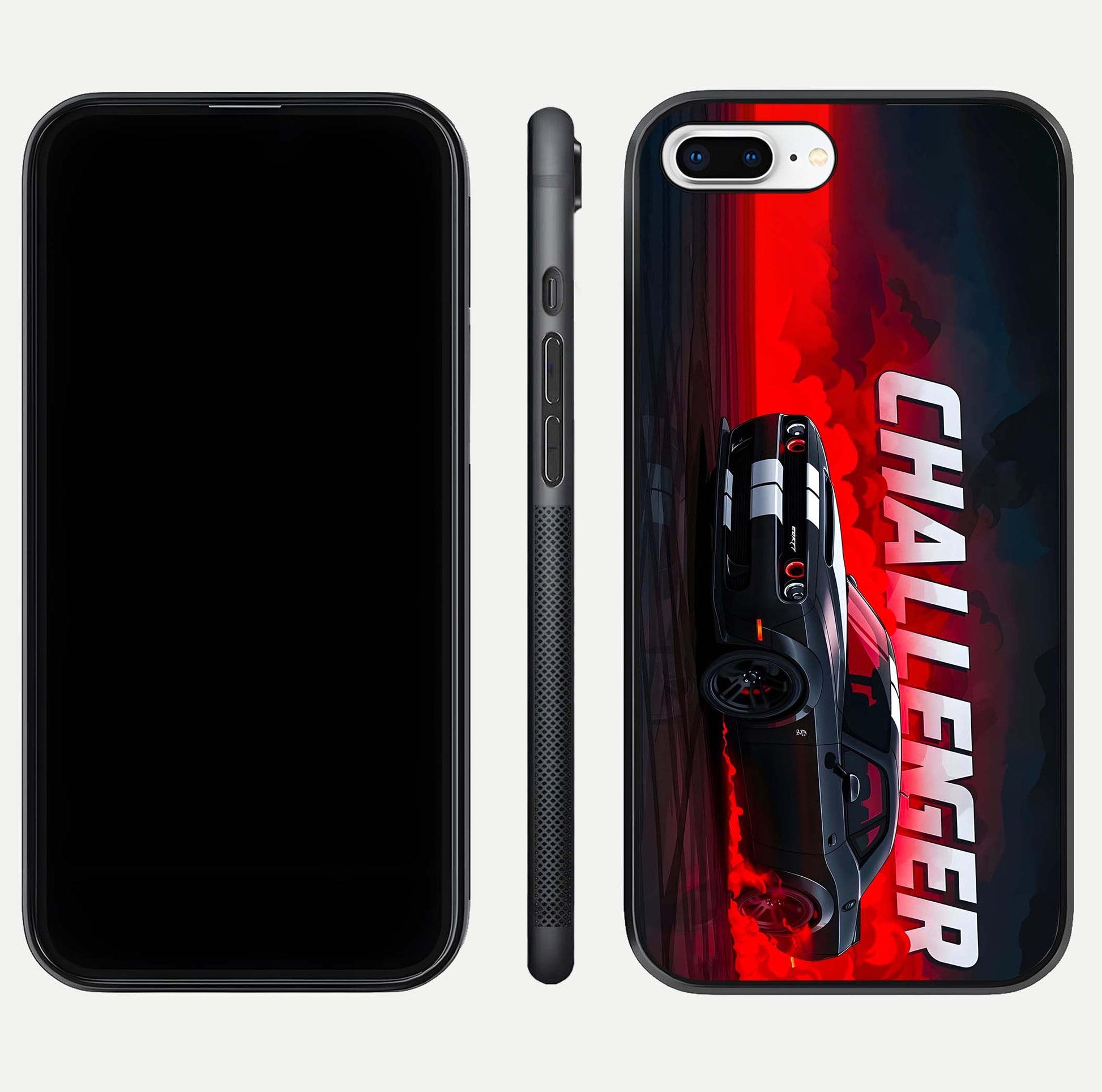 Crimson Challenger Fury Glass Case for iPhone 8 Plus dual-view layout displaying bold tones and edge polish