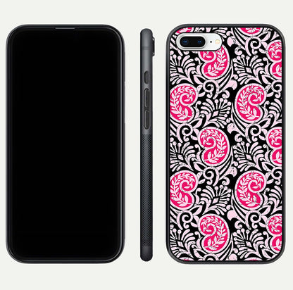 Crimson Paisley Charm Glass Case for iPhone 8 Plus dual-view layout displaying HD print and curved polish
