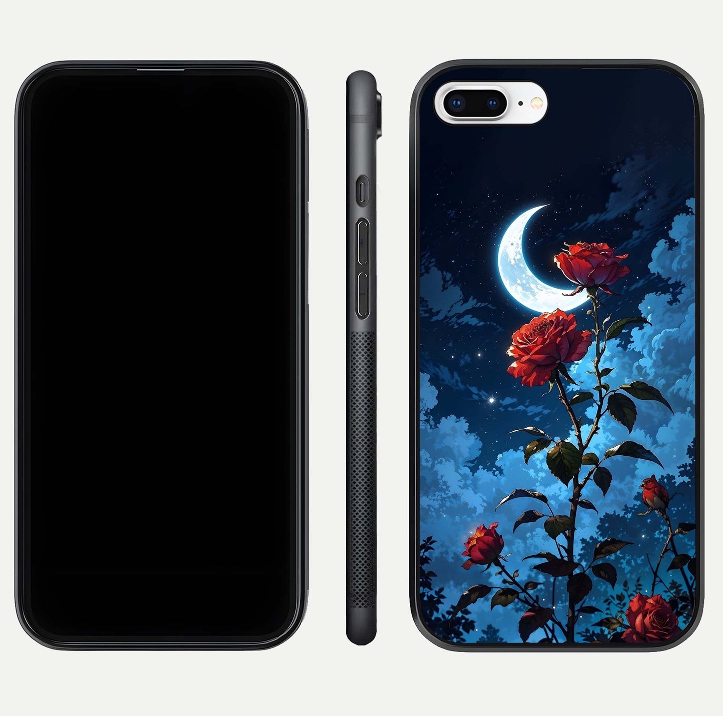 Crimson Rose Moon Glass Case for iPhone 8 Plus dual-view layout displaying red tones and soft gloss