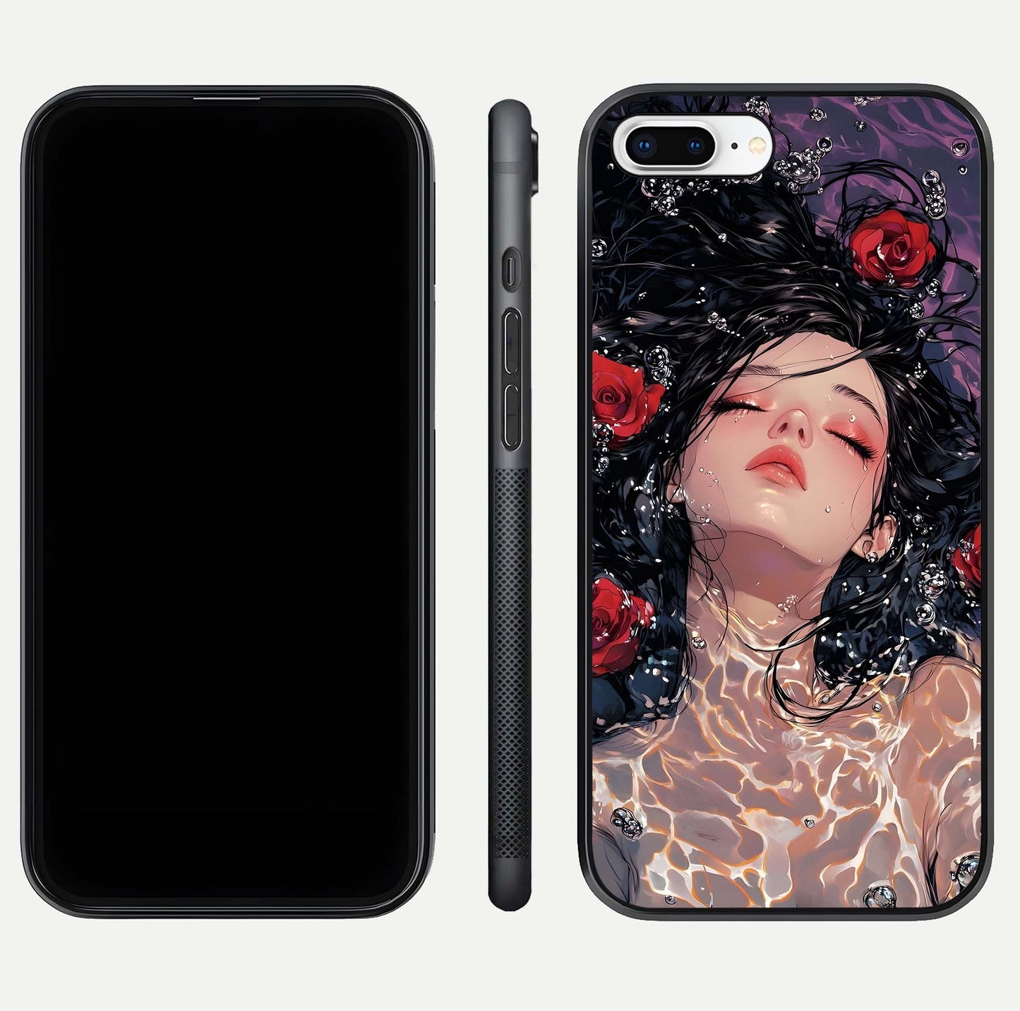Crimson Rose Serenity Glass Case for iPhone 8 Plus dual-view layout displaying serenity tones and curved glass