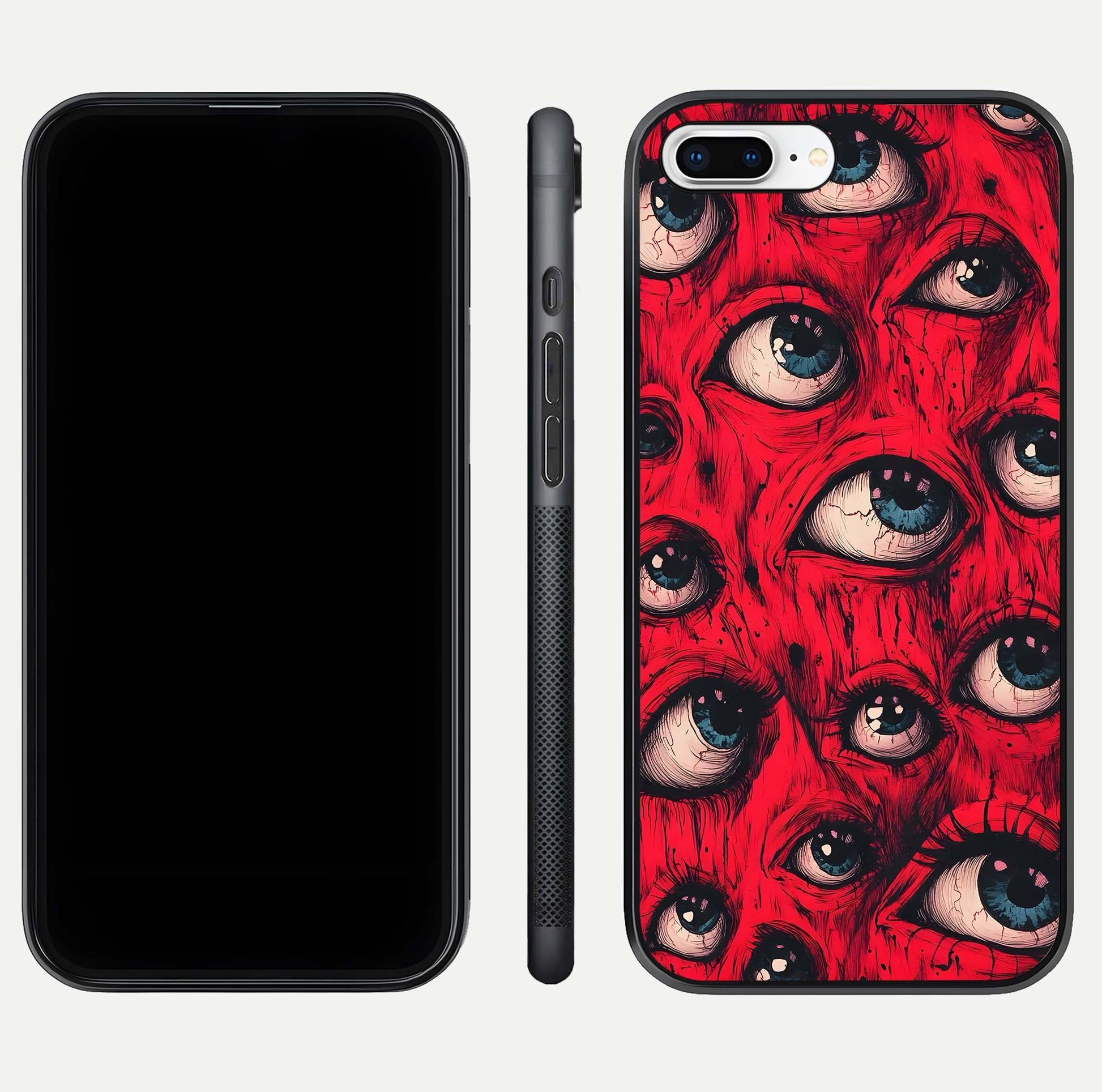 Crimson Watch Eyes Glass Case for iPhone 8 Plus dual-view layout displaying abstract tones and curved edges