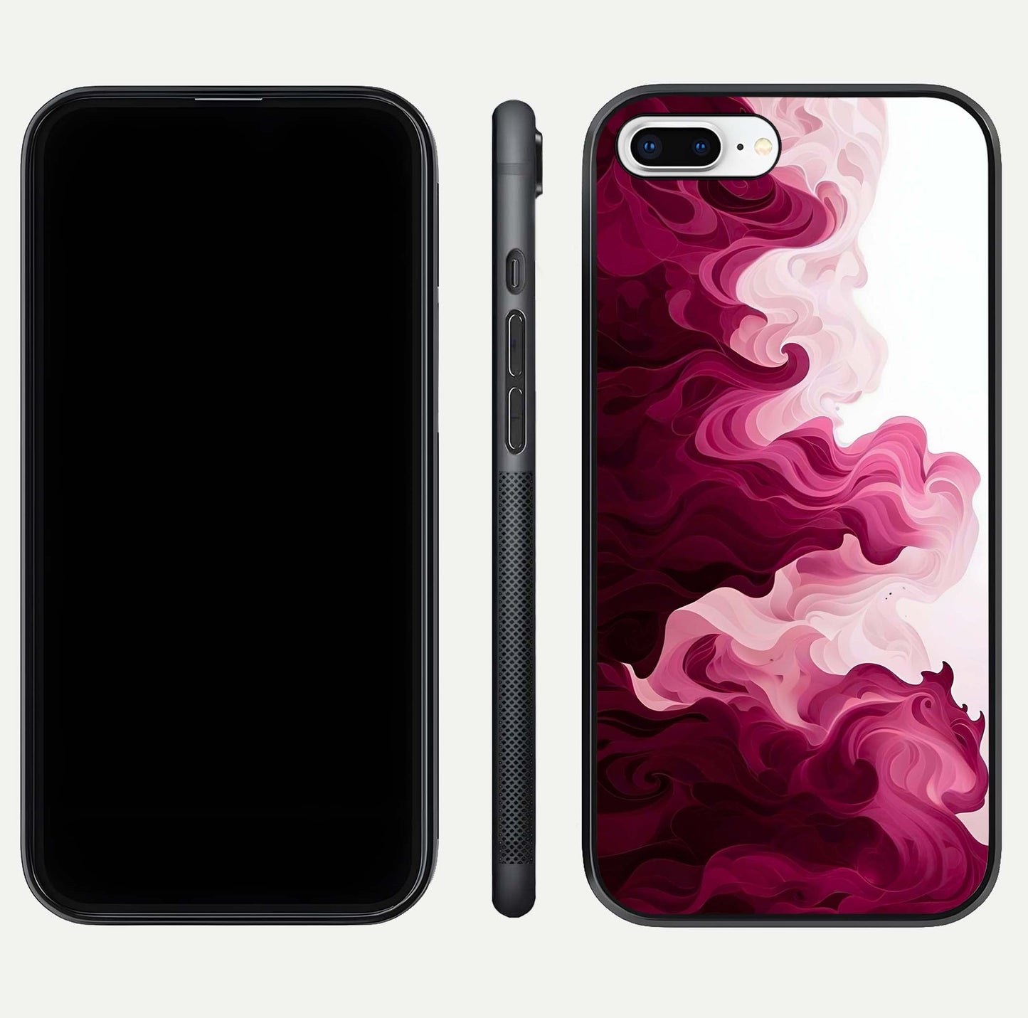 Crimson Wave Flow Glass Case for iPhone 8 Plus dual-view layout displaying curved wave art and polished surface