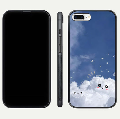 Cute Blossom Cloud Glass Case for iPhone 8 Plus dual-view layout displaying cute floral clouds and polished edge
