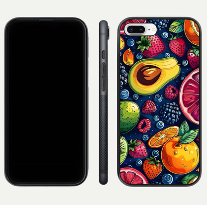 Cute Fruits Art Glass Case for iPhone 8 Plus dual-view layout displaying playful tones and curved design