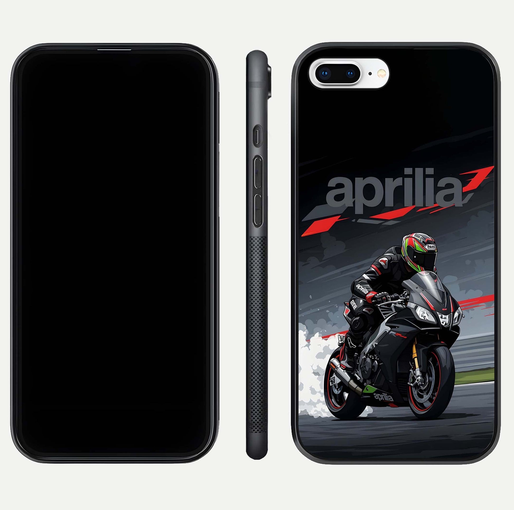 Dark Aprilla Glass Case for iPhone 8 Plus dual-view layout displaying sleek racing look and HD shine