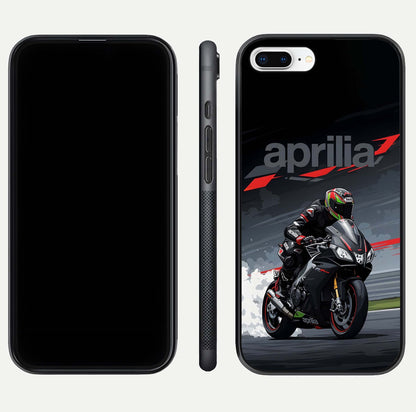 Dark Aprilla Glass Case for iPhone 8 Plus dual-view layout displaying sleek racing look and HD shine