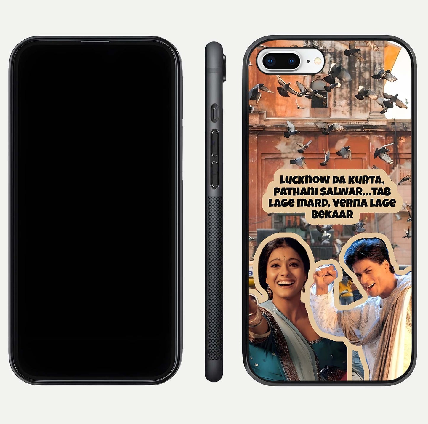 Desi Retro Vibes Glass Case for iPhone 8 Plus dual-view layout showing nostalgic design and smooth glass curve