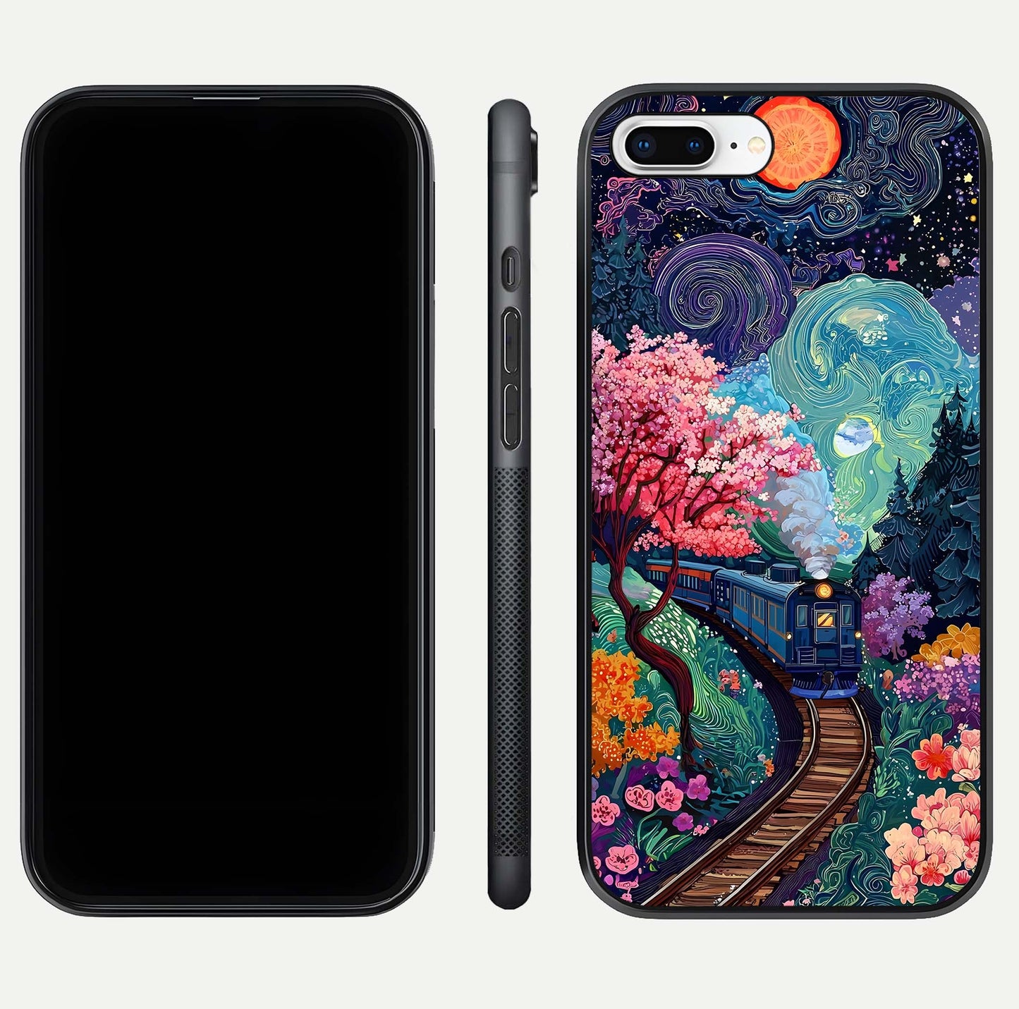 Digital Art Glass Case for iPhone 8 Plus dual-view layout displaying artistic tones and curved glass edge