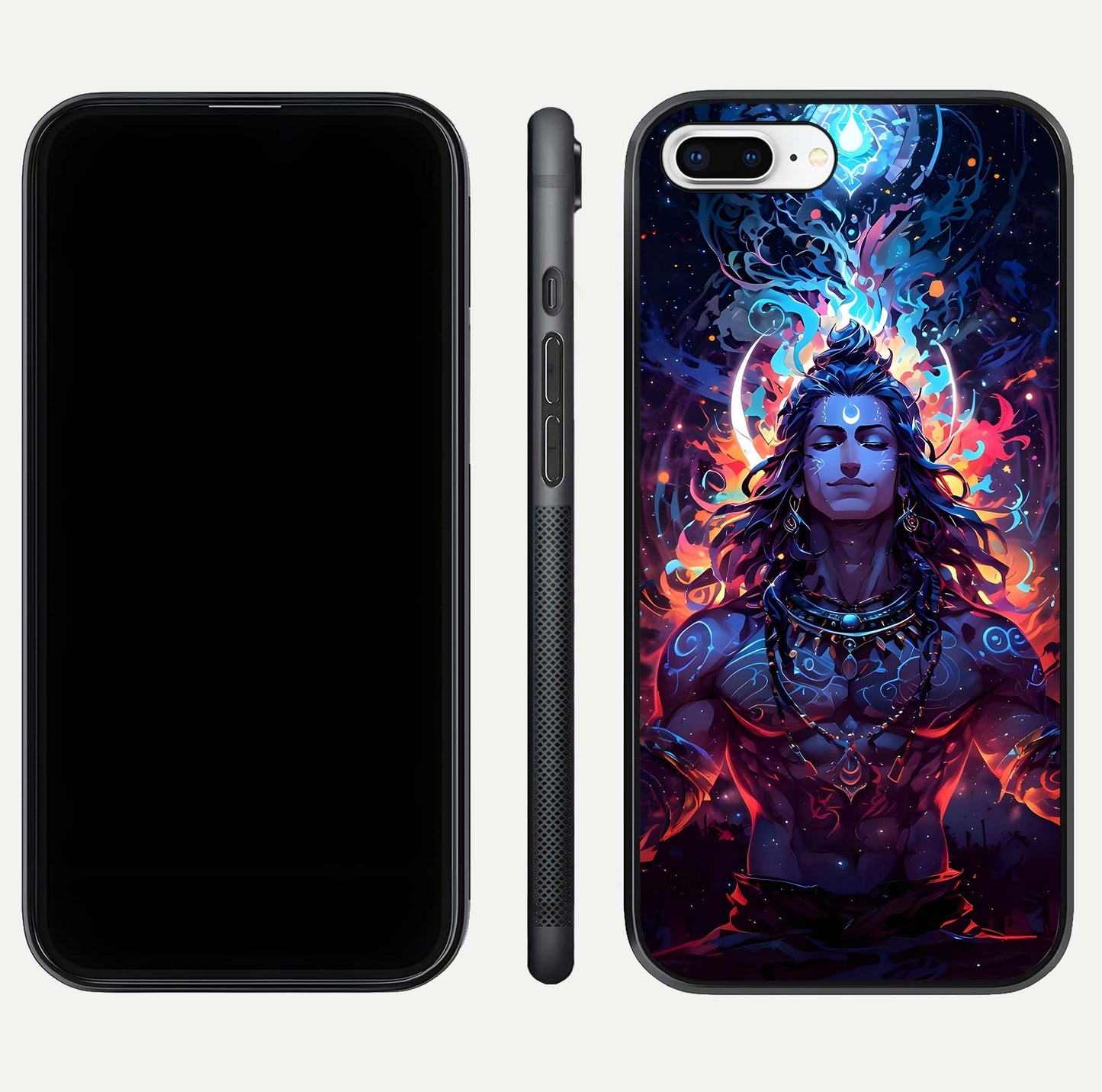 Divine Fire Shiv Glass Case for iPhone 8 Plus dual-view layout displaying HD deity print and curved edges