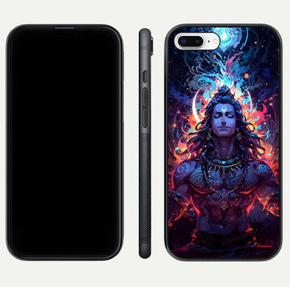 Divine Fire Shiv Glass Case for iPhone 8 Plus dual-view layout displaying HD deity print and curved edges