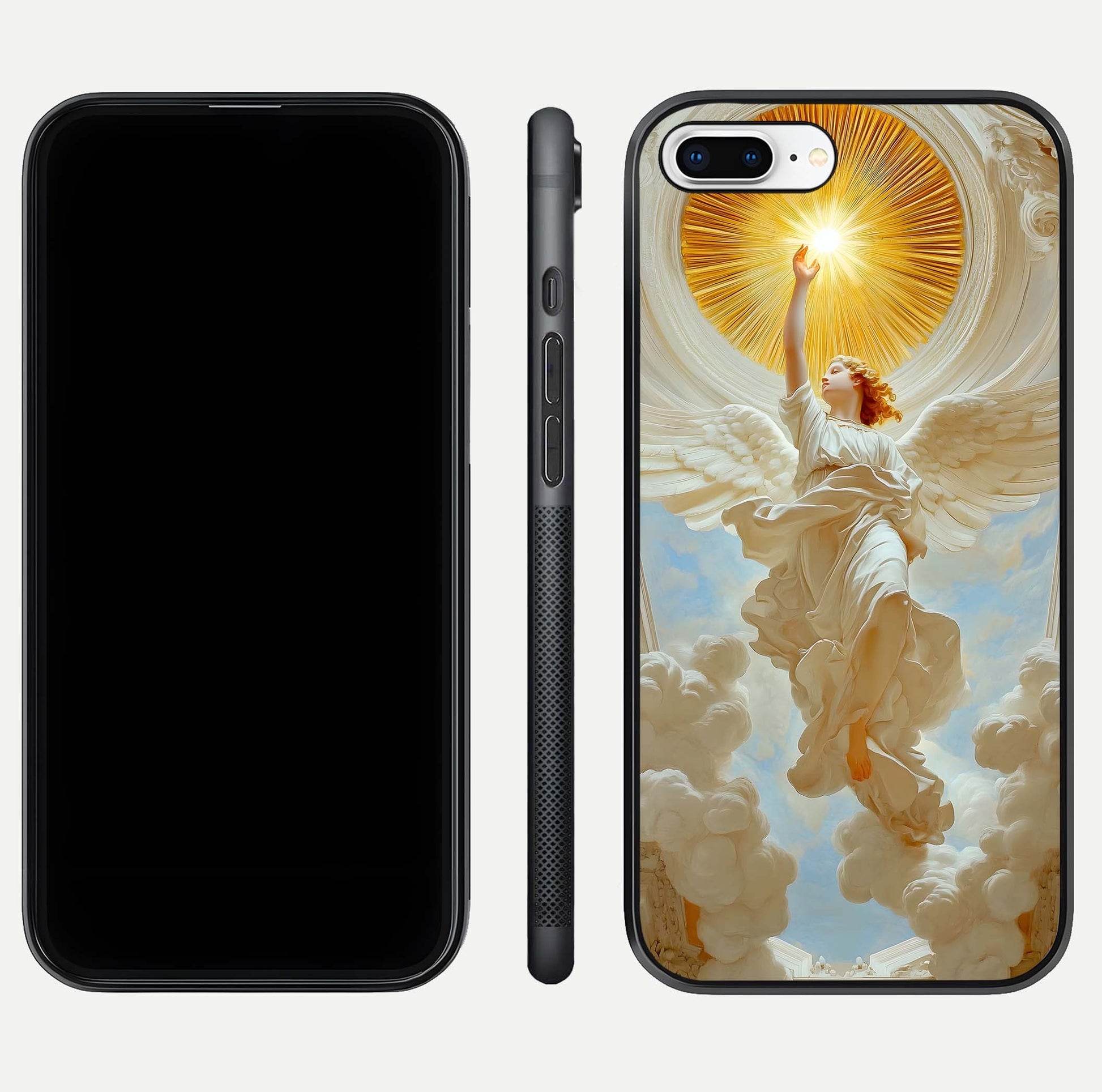 Divine Light Angel Glass Case for iPhone 8 Plus dual-view layout displaying celestial tones and smooth curves