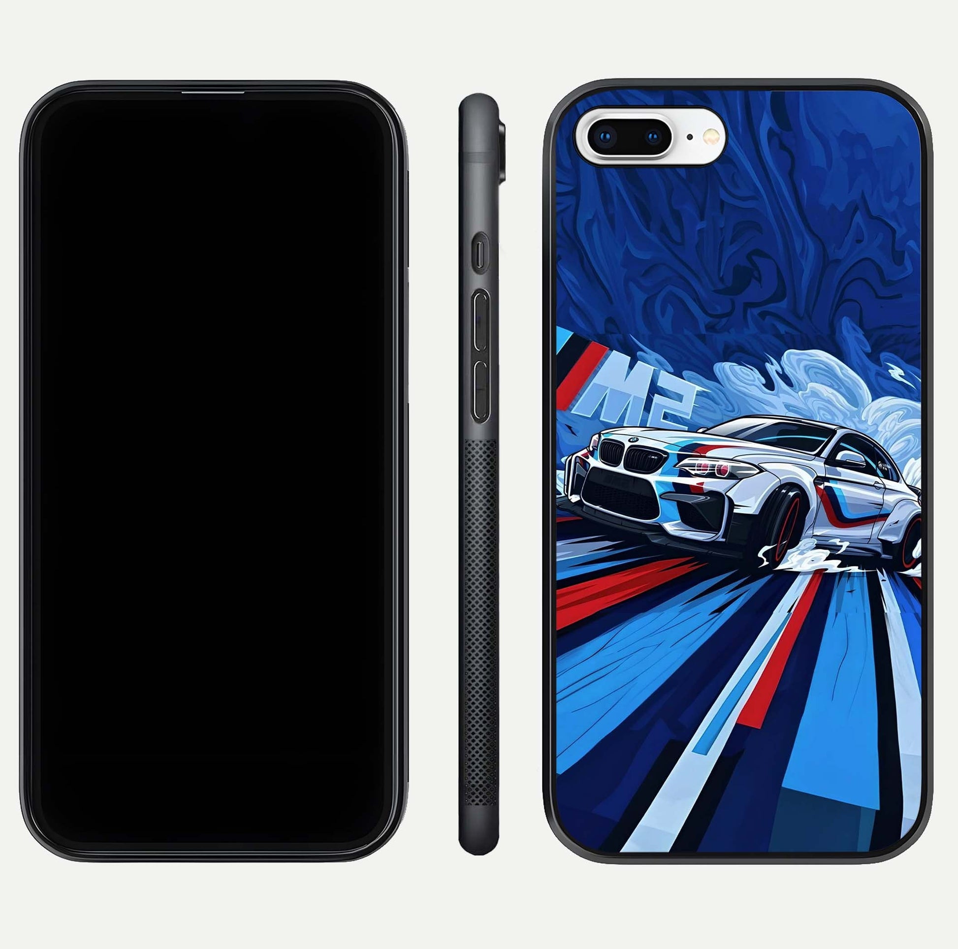 Drift Power Rush Glass Case for iPhone 8 Plus dual-view layout displaying dynamic motion art and HD gloss