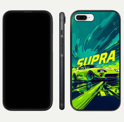 Electric Supra Thunder Glass Case for iPhone 8 Plus dual-view layout displaying dynamic motion art and curved finish