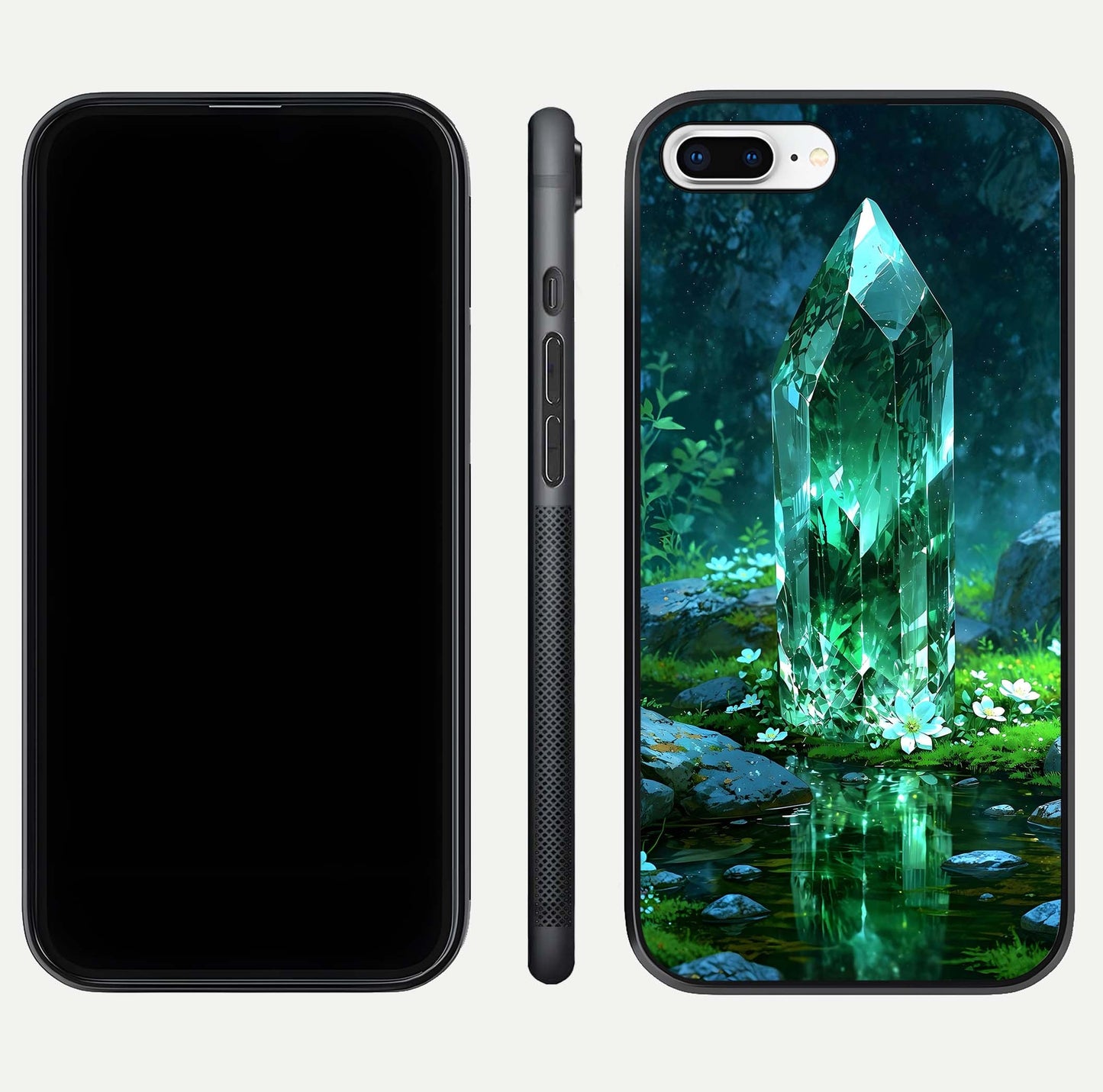 Emerald Light Crystal Glass Case for iPhone 8 Plus dual-view layout displaying gem-like tones and polished edge