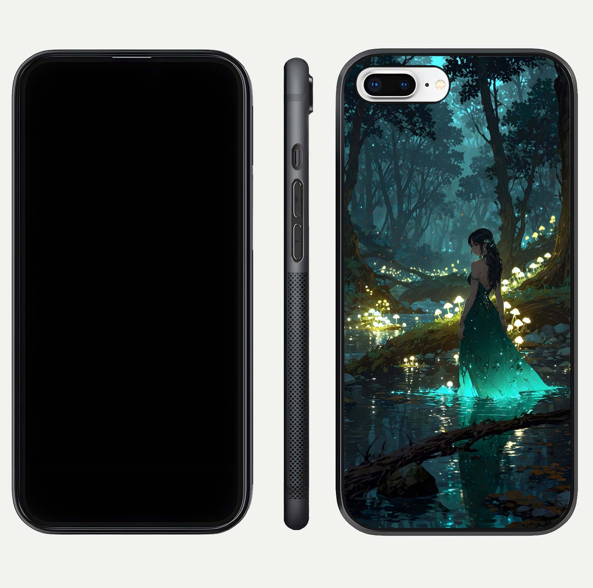 Enchanted Forest Glow Glass Case for iPhone 8 Plus dual-view layout displaying green tones and smooth glass