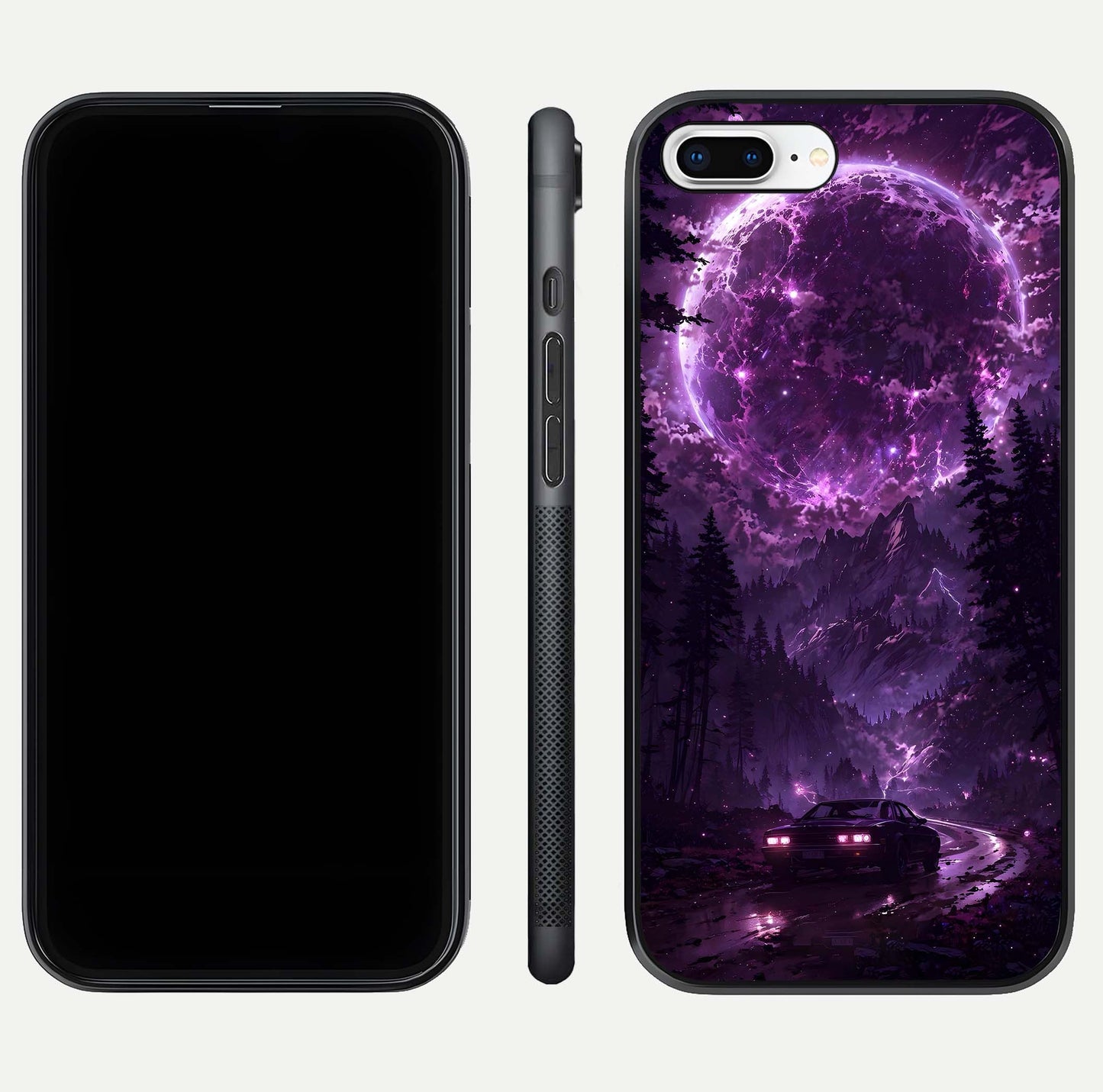 Eternal Cosmic Drive Glass Case for iPhone 8 Plus dual-view layout displaying outer-space tones and curved finish