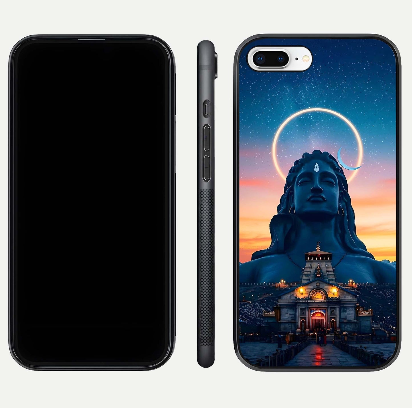 Eternal Shiva Aura Glass Case for iPhone 8 Plus dual-view layout displaying HD deity print and smooth edge