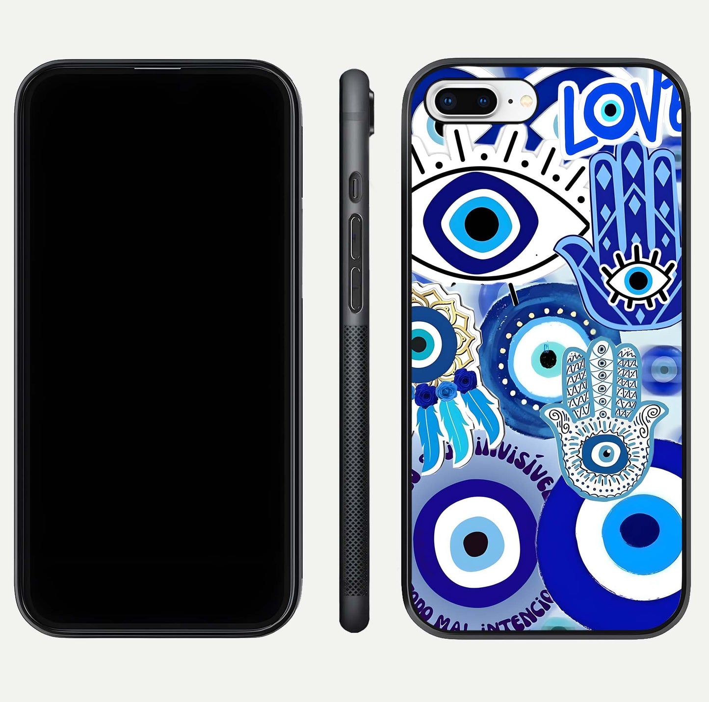 Evil Eyes Dream Glass Case for iPhone 8 Plus dual-view layout displaying spiritual motif and polished curved edge