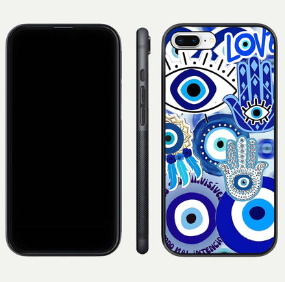Evil Eyes Dream Glass Case for iPhone 8 Plus dual-view layout displaying spiritual motif and polished curved edge