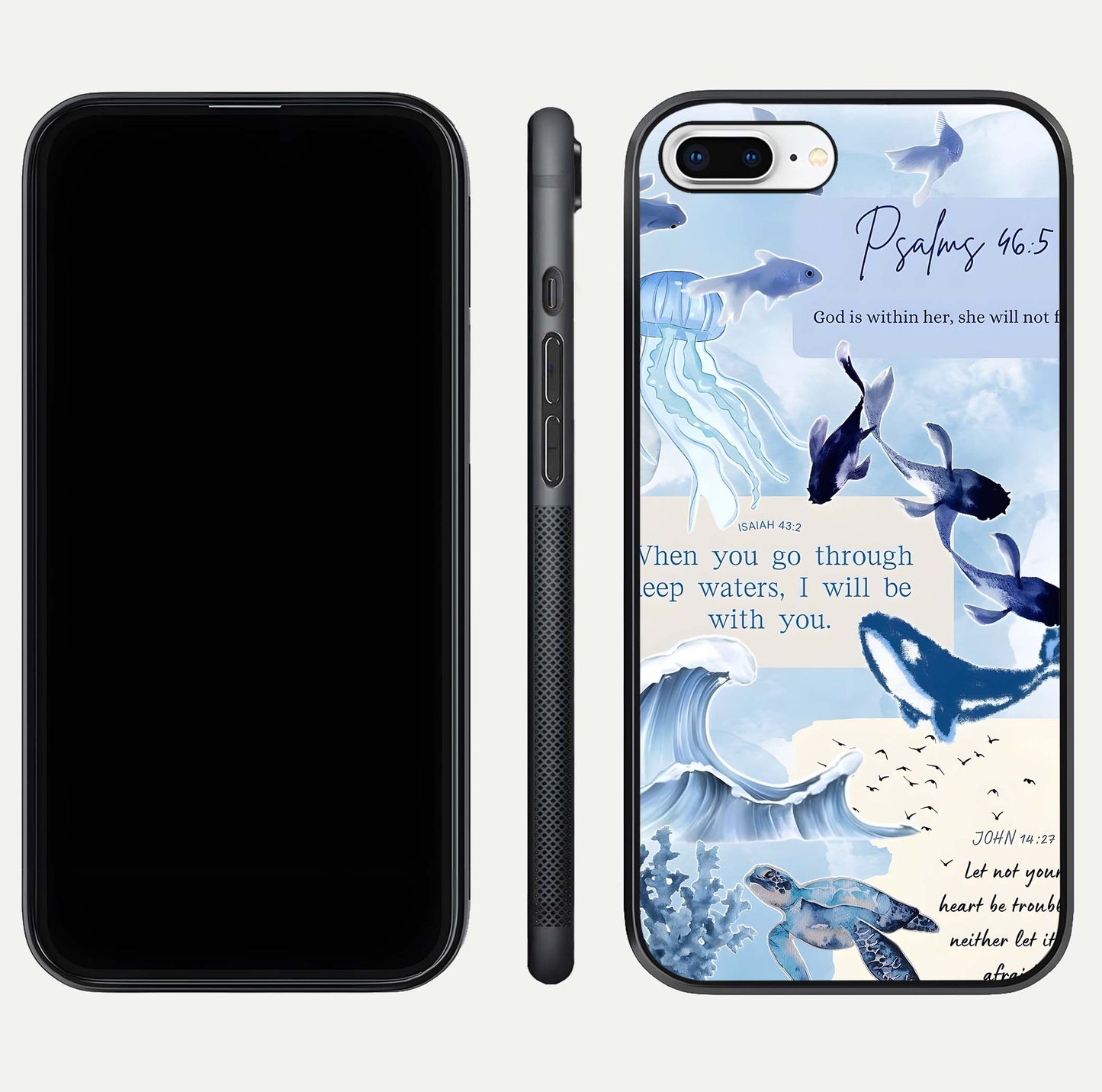 Faithful Ocean Promise Glass Case for iPhone 8 Plus dual-view layout showing sea horizon art and curved polish
