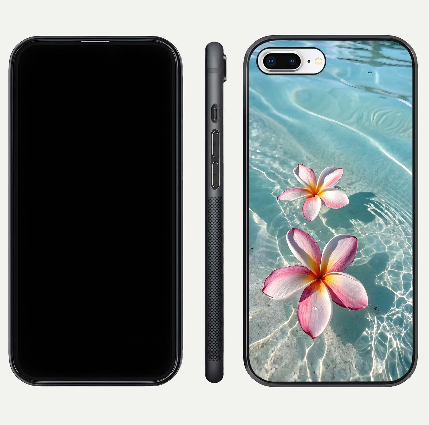 Floating Bloom Bliss Glass Case for iPhone 8 Plus dual-view layout displaying soft pastel flowers and curved glass