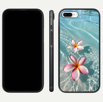 Floating Bloom Bliss Glass Case for iPhone 8 Plus dual-view layout displaying soft pastel flowers and curved glass