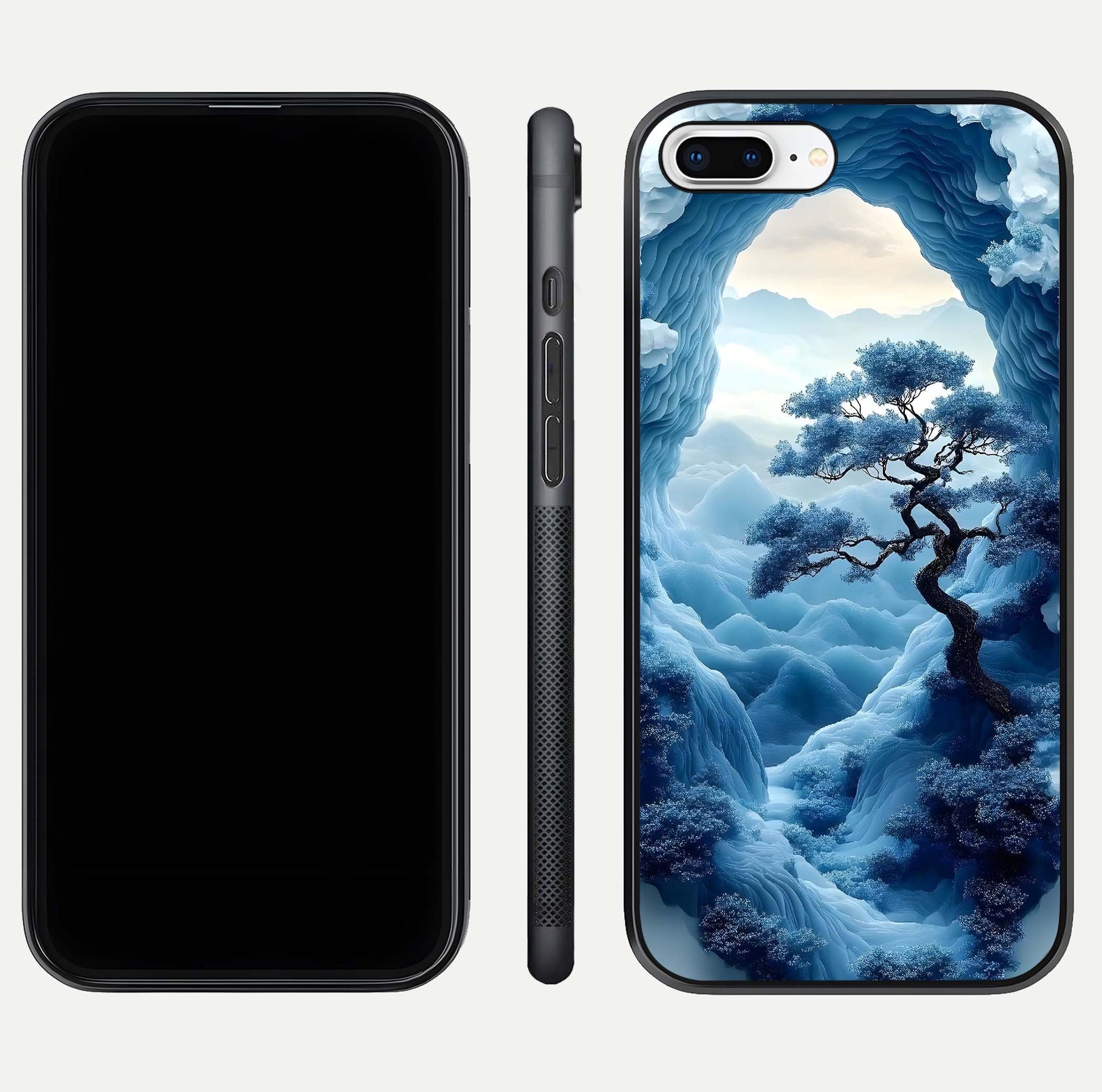 Frozen Serenity Gate Glass Case for iPhone 8 Plus dual-view layout displaying winter theme and smooth curves