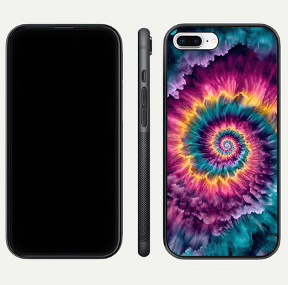 Galactic Spiral Burst Glass Case for iPhone 8 Plus front and back view layout highlighting cosmic swirl and curved edges
