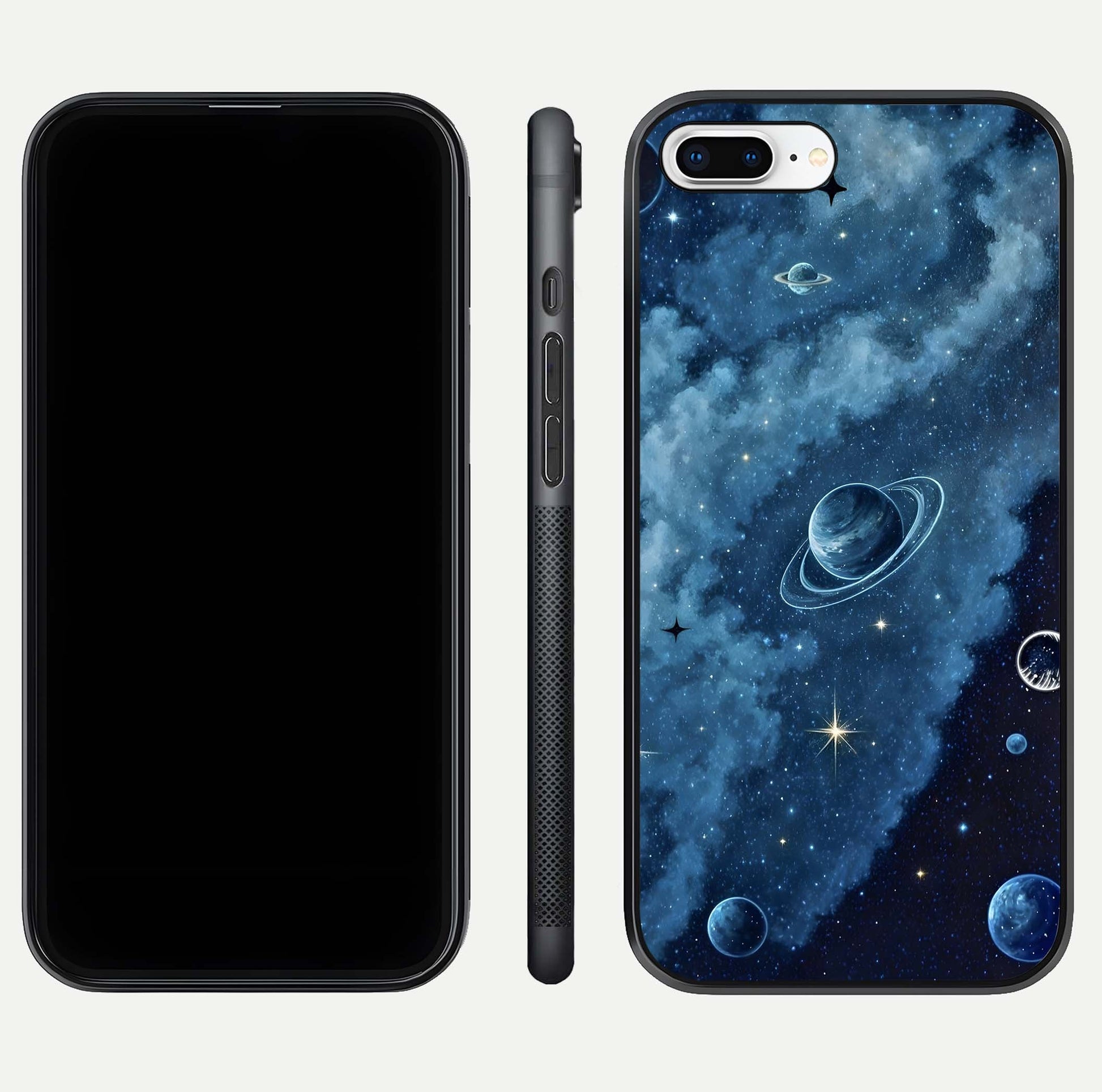 Galaxy Dream Space Glass Case for iPhone 8 Plus front and back view layout showing deep-space tones and curved edges