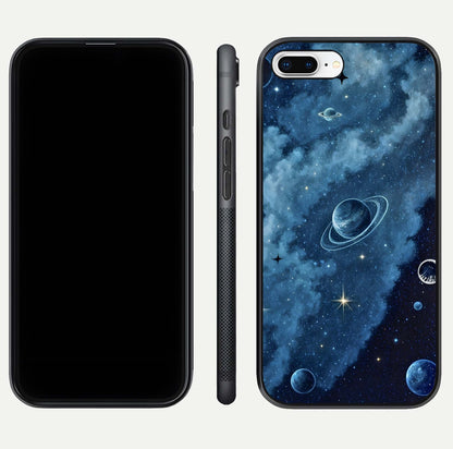 Galaxy Dream Space Glass Case for iPhone 8 Plus front and back view layout showing deep-space tones and curved edges