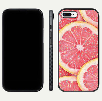 Glitter Grapefruit Glass Case for iPhone 8 Plus front and back view layout highlighting citrus hues and smooth glass