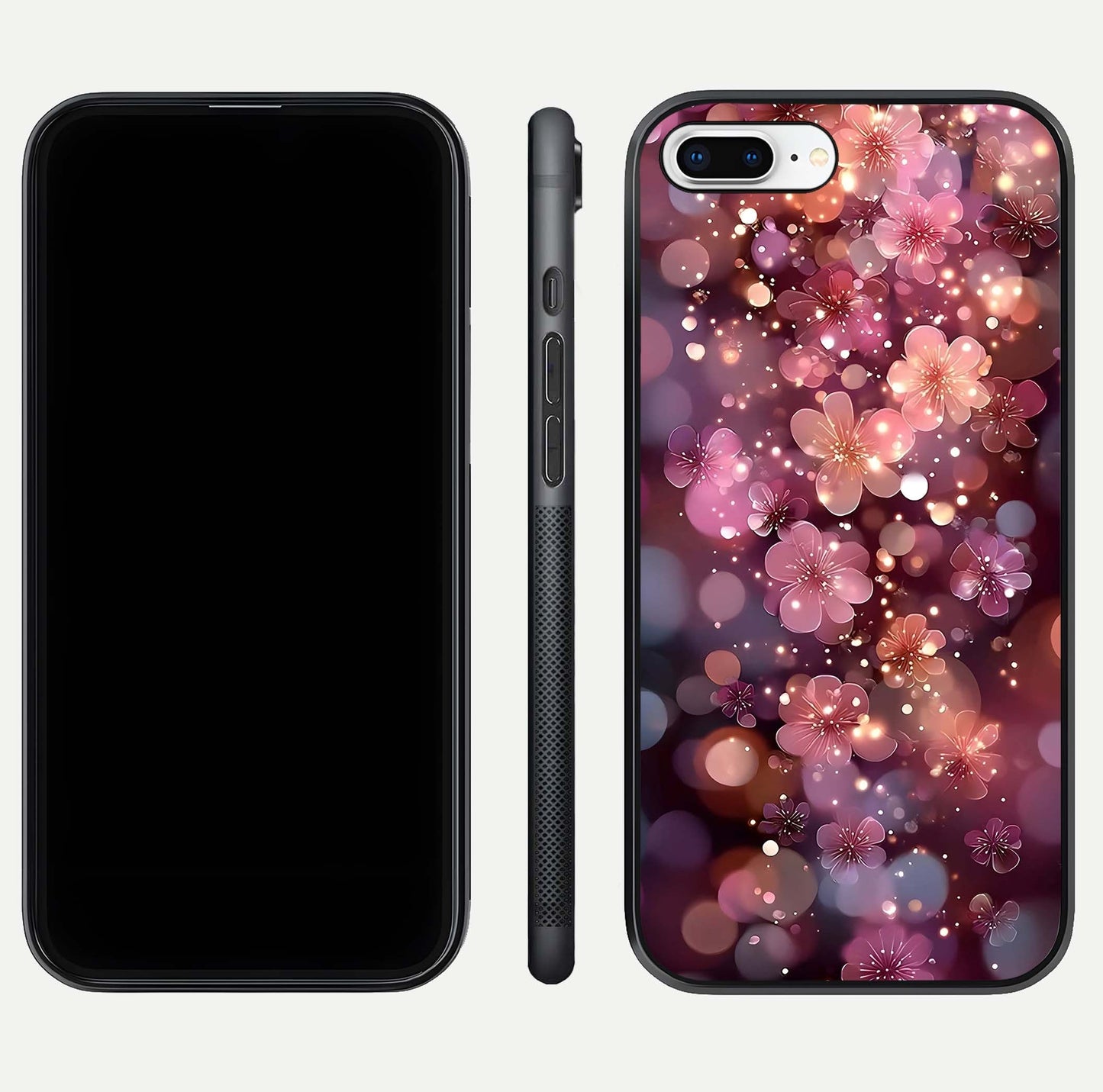 Glowing Petal Bliss Glass Case for iPhone 8 Plus front and back view layout displaying artistic floral design and curved glass