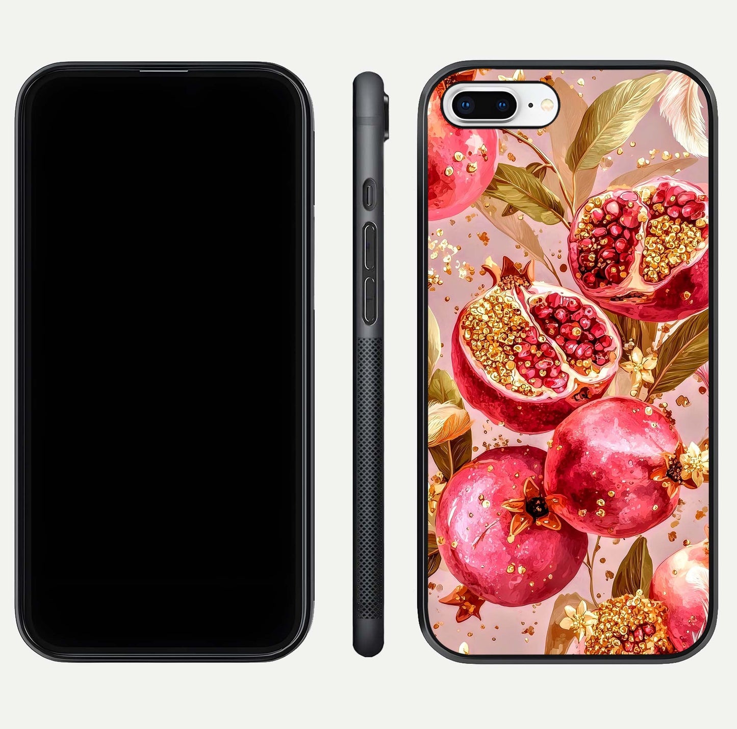 Golden Bloom Glow Glass Case for iPhone 8 Plus front and back view layout highlighting luxury floral pattern and curved edges
