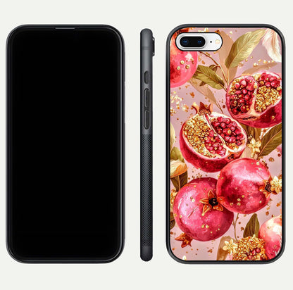 Golden Bloom Glow Glass Case for iPhone 8 Plus front and back view layout highlighting luxury floral pattern and curved edges