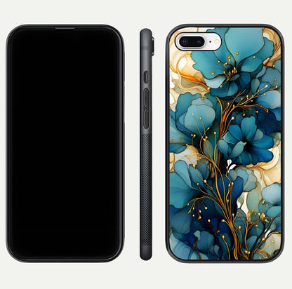 Golden Bloom Symphony Glass Case for iPhone 8 Plus front and back view layout highlighting rich floral tones and curved glass edges
