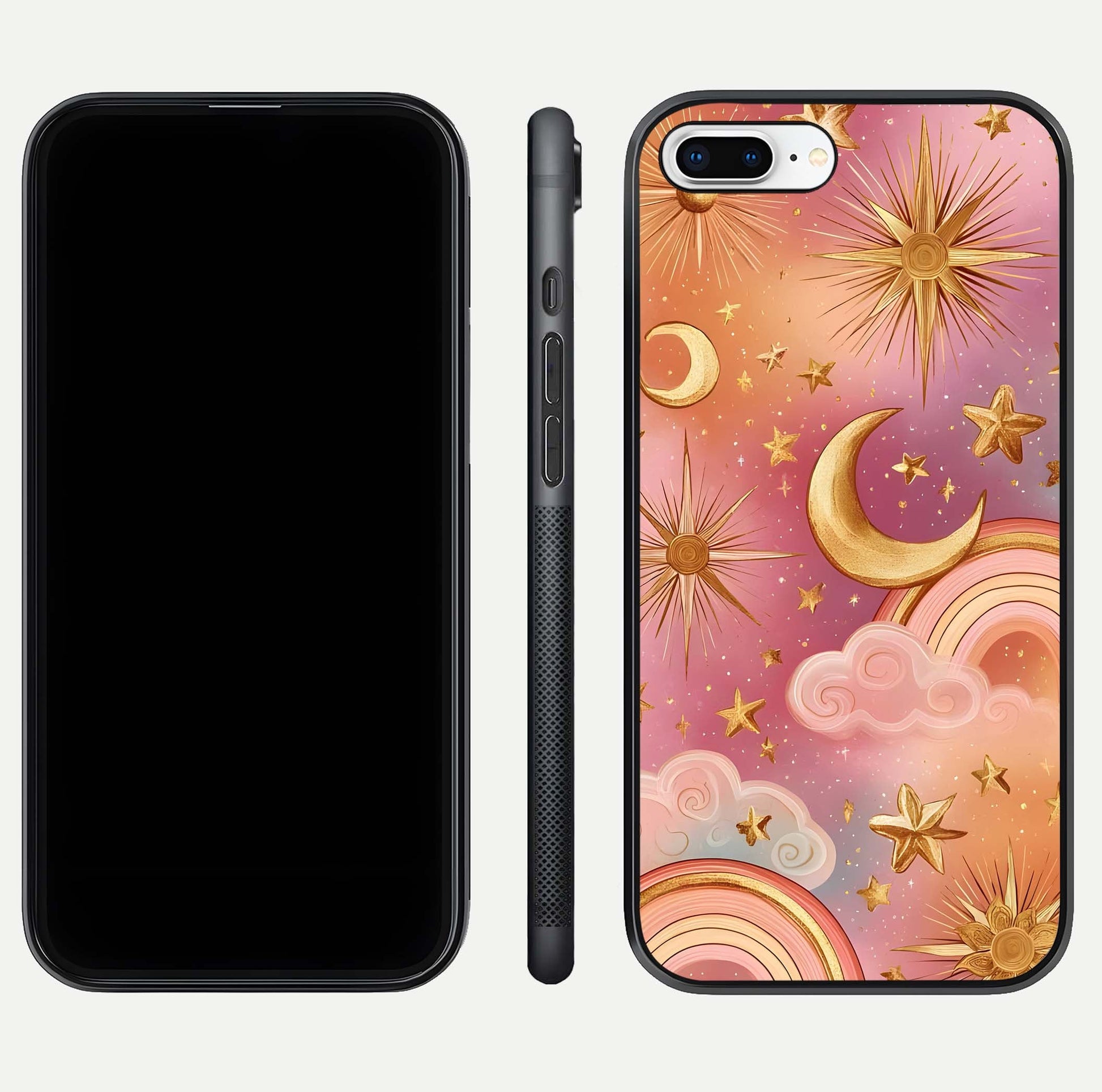 Golden Celestial Dreams Glass Case for iPhone 8 Plus front and back view layout highlighting celestial motifs and smooth curved edge