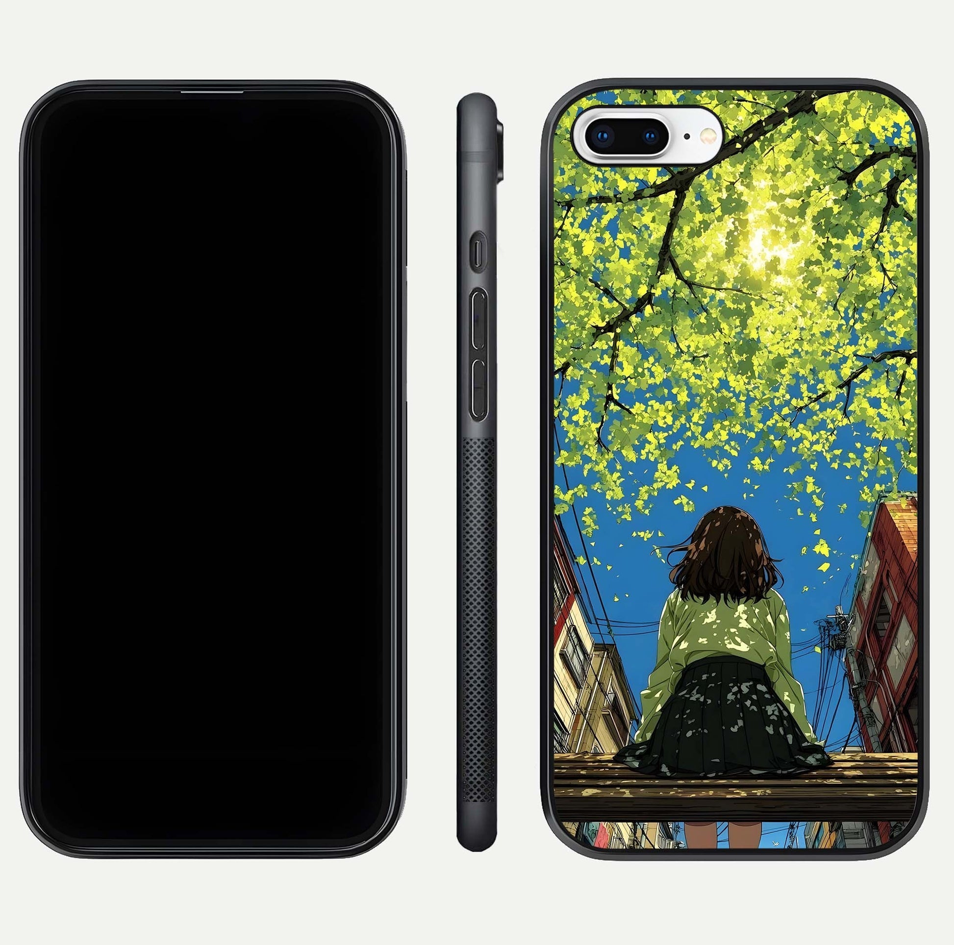 Golden Leaves Glow Glass Case for iPhone 8 Plus front and back view layout highlighting glowing tones and curved edges