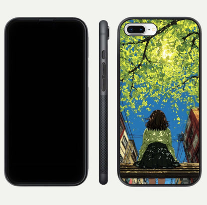 Golden Leaves Glow Glass Case for iPhone 8 Plus front and back view layout highlighting glowing tones and curved edges
