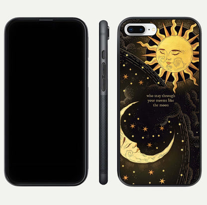 Golden Lunar Love Glass Case for iPhone 8 Plus front and back view layout highlighting celestial tones and curved edges