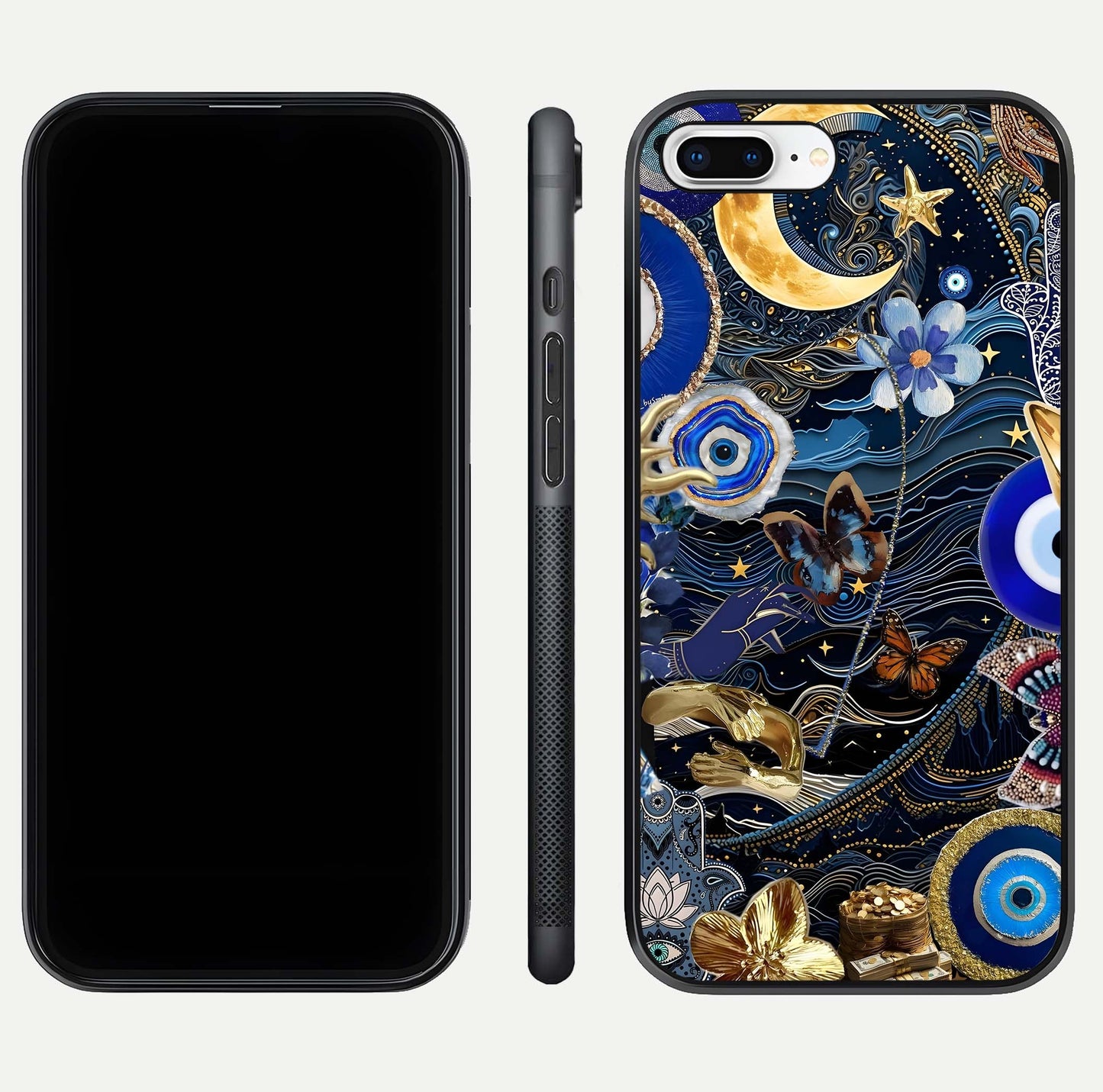 Golden Moon Magic Glass Case for iPhone 8 Plus front and back view layout highlighting celestial tones and curved glass